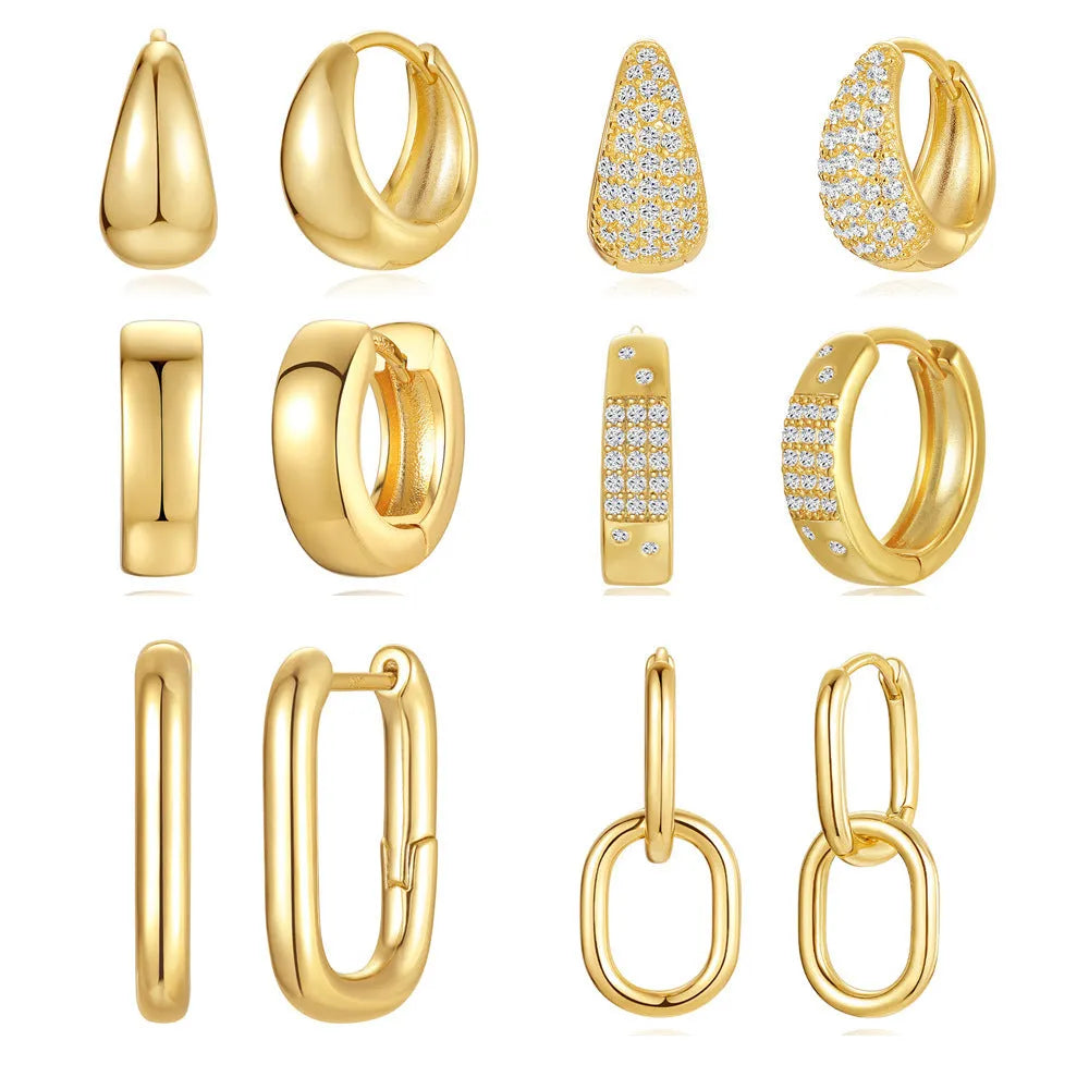 Geometric brass diamond earclip earrings with round accents in golden electroplated finish