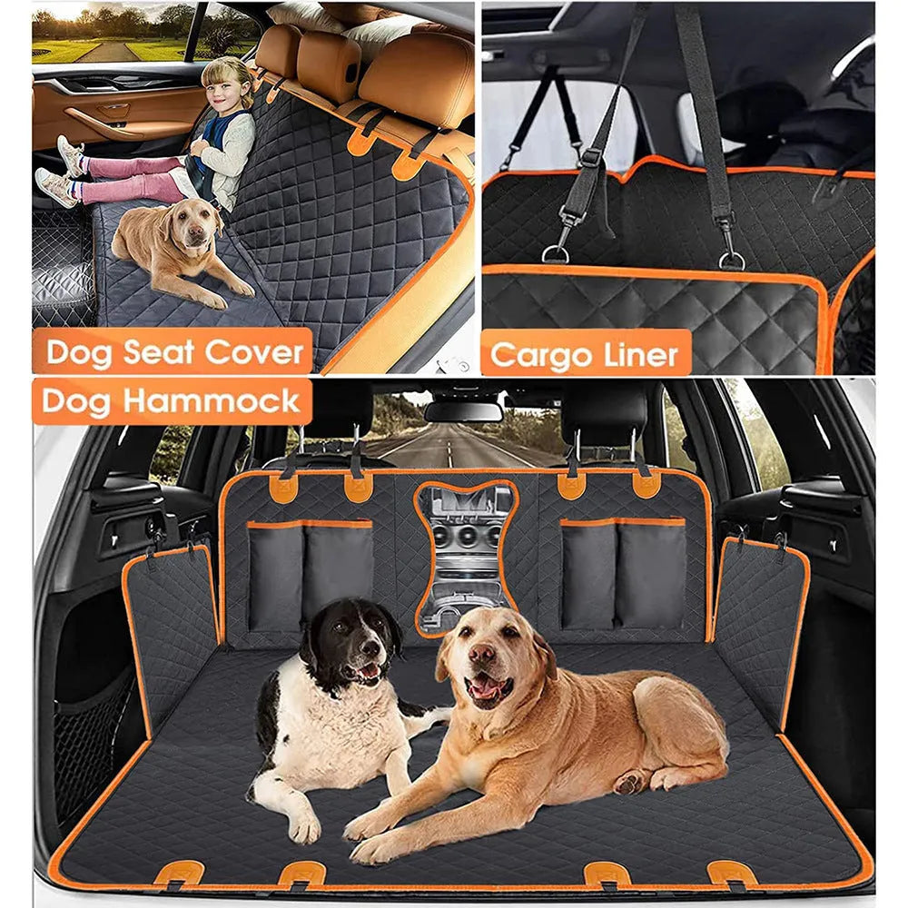 Black waterproof pet car seat cover with orange edge trim and mesh ventilation window laid on a rear car seat