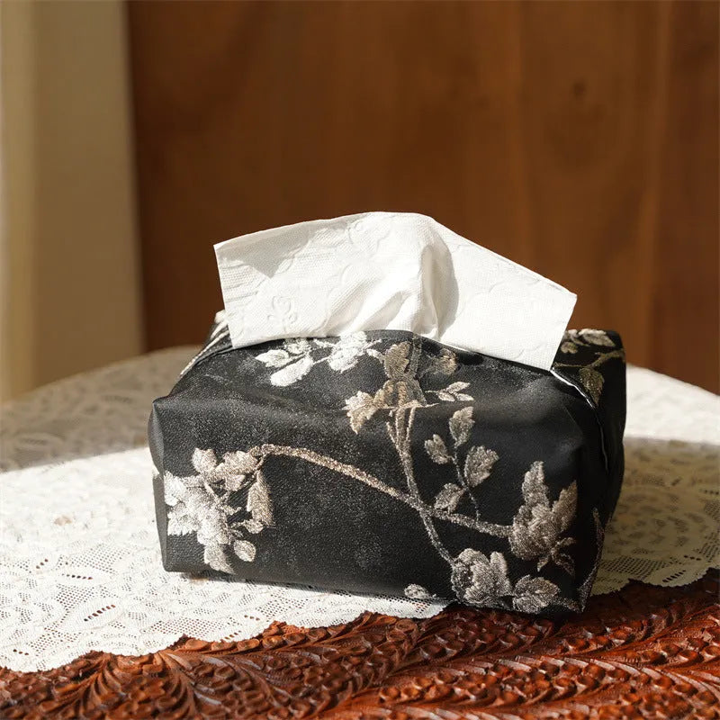 New Chinese style brocade fabric tissue box with embroidered white plum design
