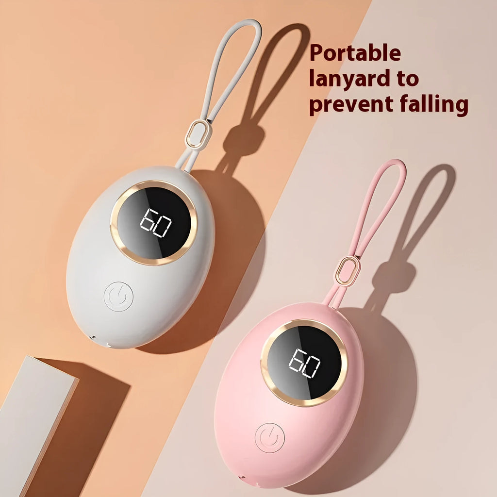 USB-powered hand warmer with digital display showing temperature, in charming blue colour
