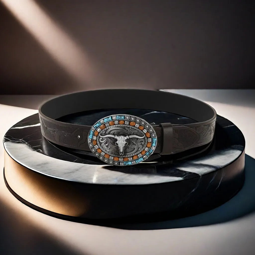 Men's black imitation leather belt with a detailed metal cow head buckle and pin clasp.