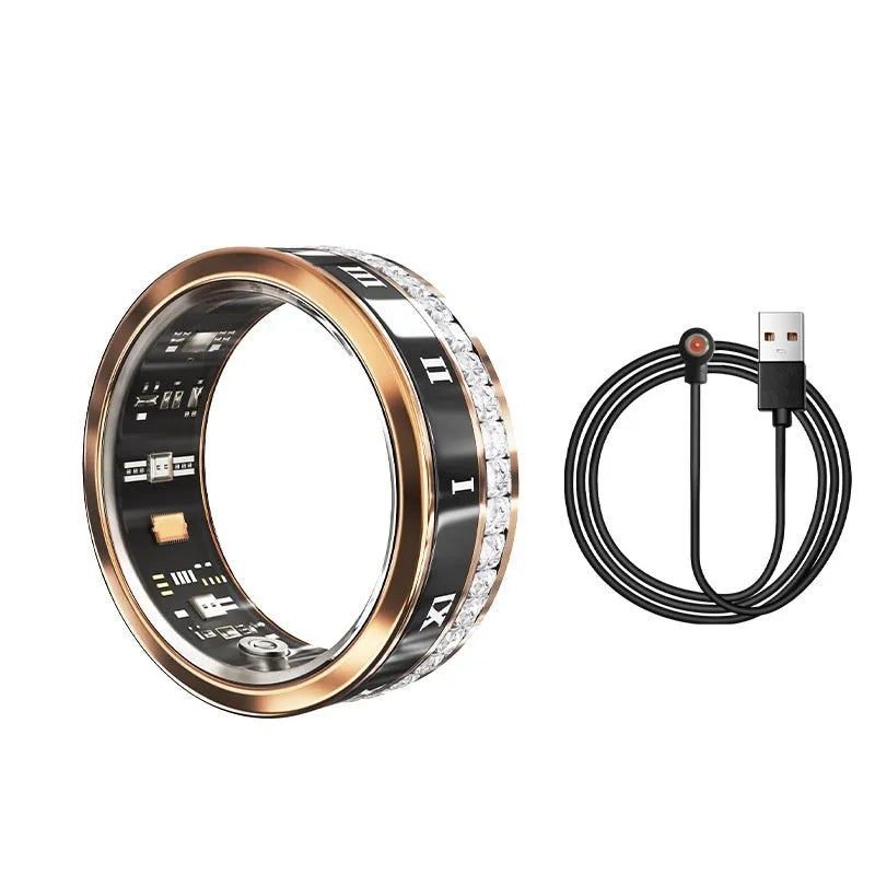 Gold and silver coloured smart ring with a diamond inlay on a finger, showing health tracking design.