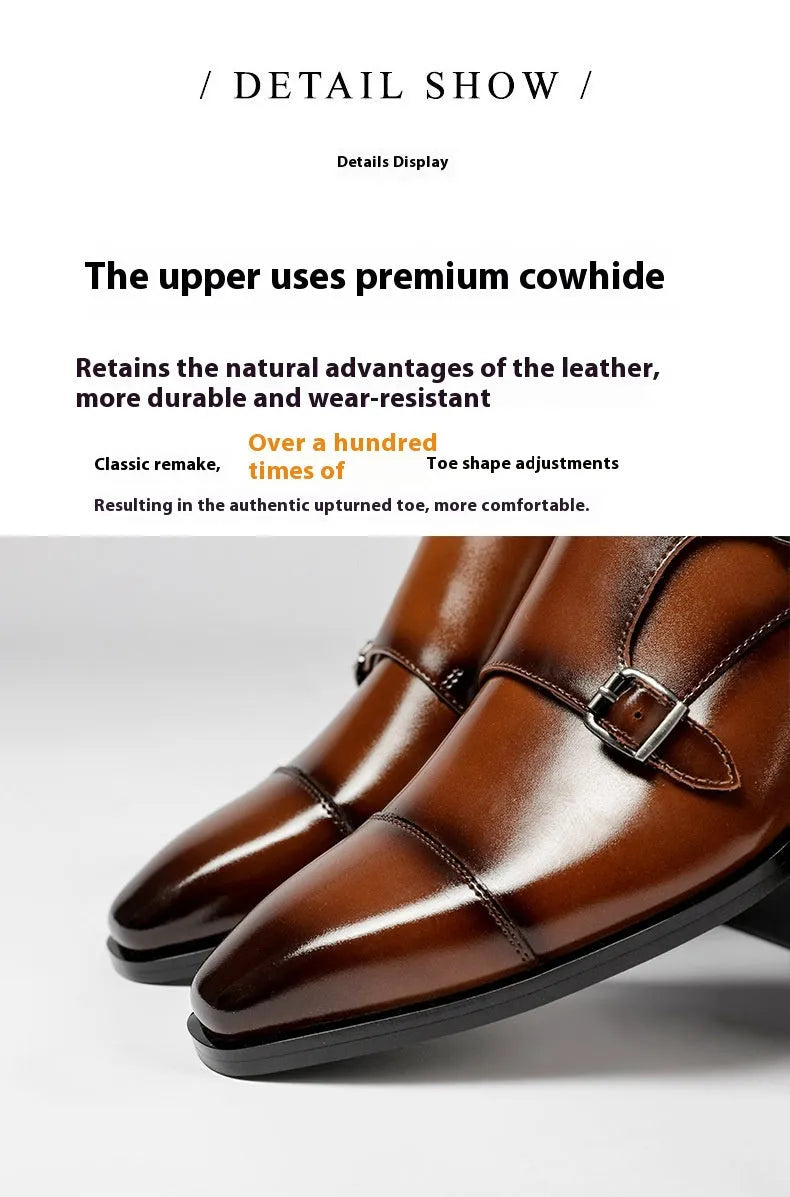 Men's British style leather business shoes with square toe design in black and light brown options