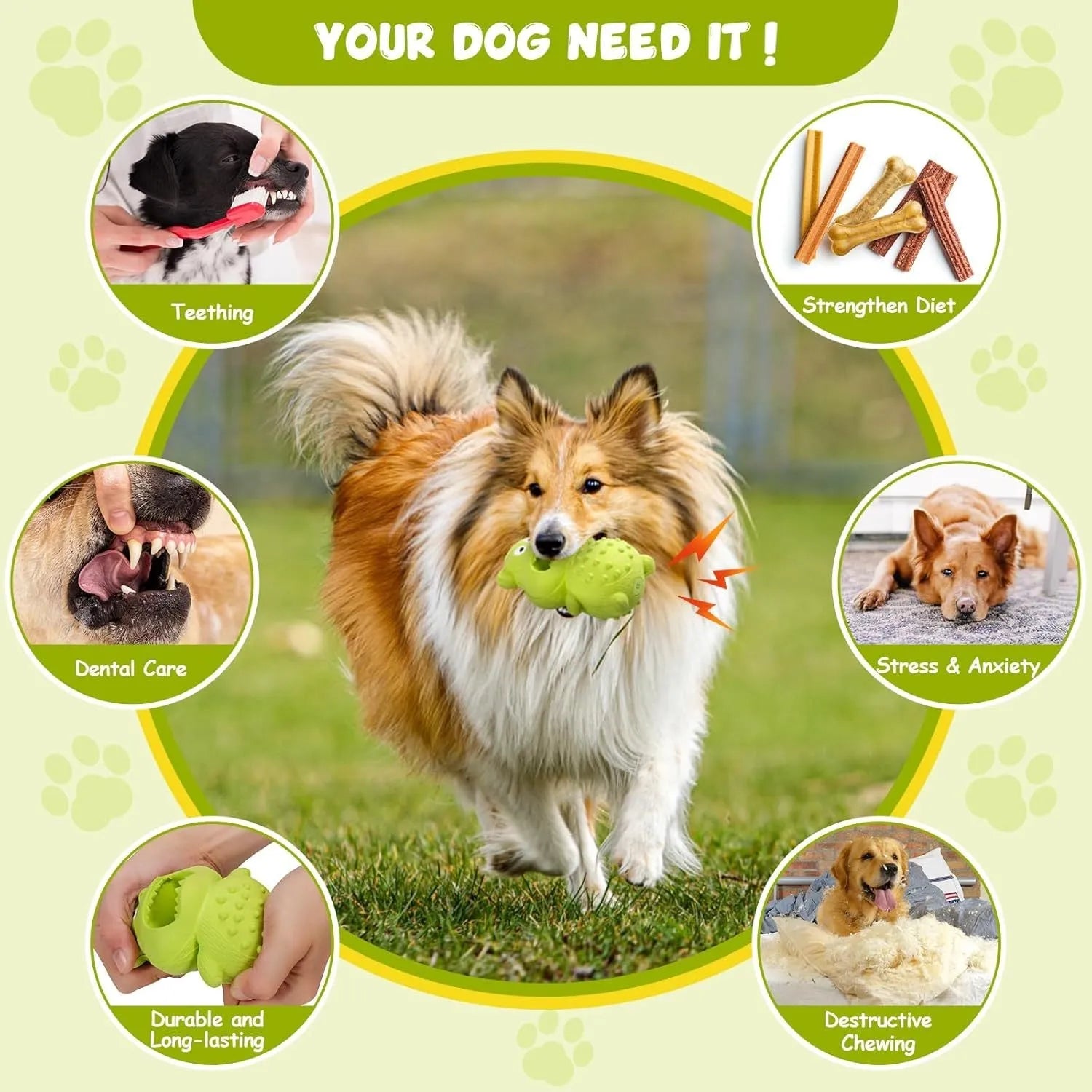 Green and yellow natural rubber dog chew toy for aggressive chewers, shown with a hollow centre for treats.