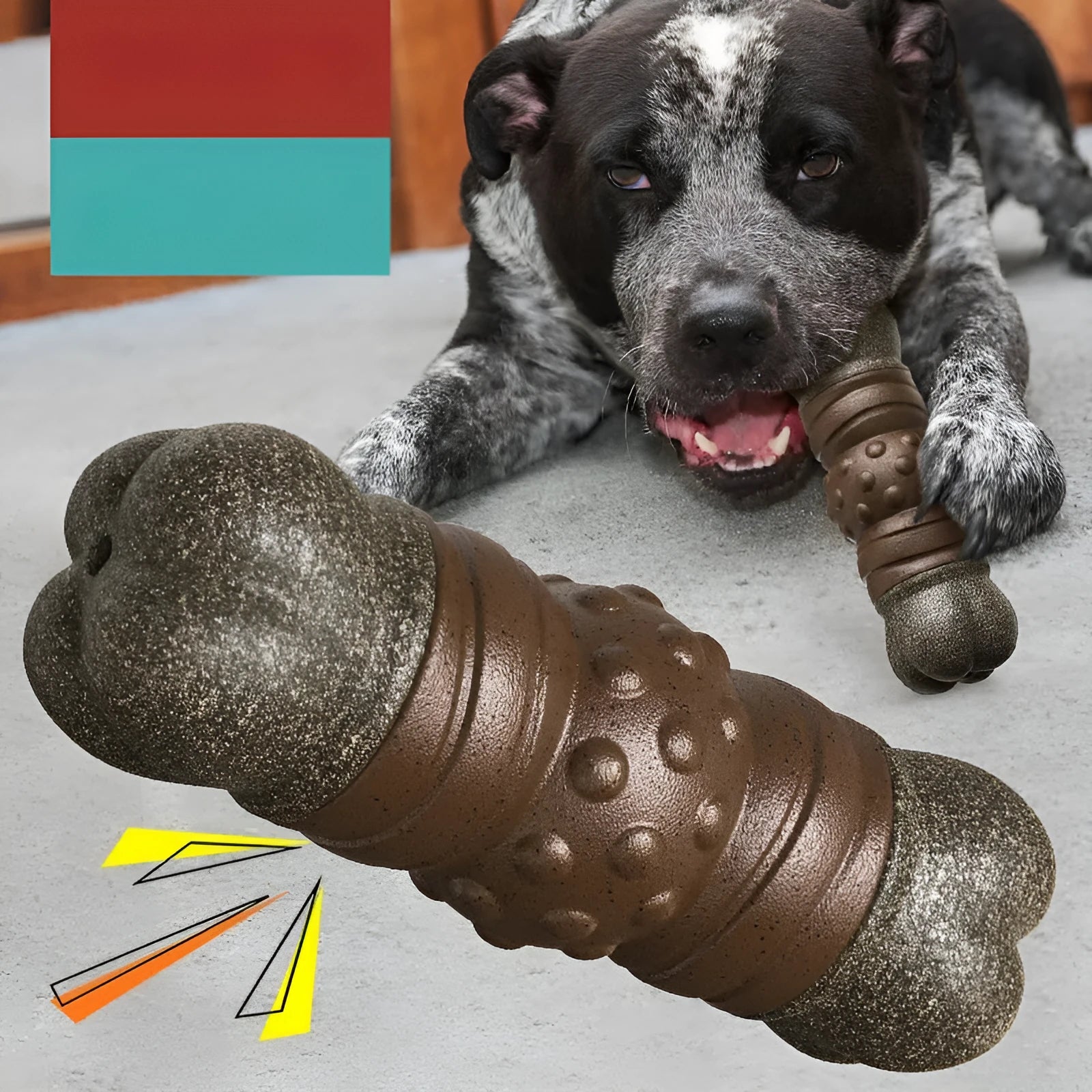 Wood-colour plastic bone-shaped dog toy for dental cleaning and chewing