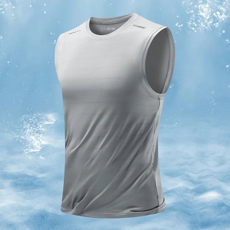 Men's loose fit sleeveless waistcoat vest in a solid colour, showing straight hem design.