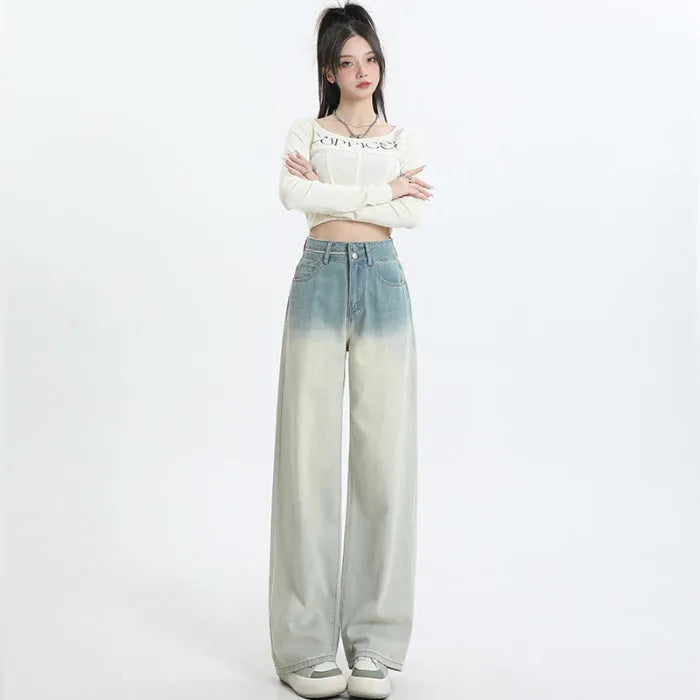 Women's straight-leg cotton denim trousers in a gradient blue colour with a wide leg fit.