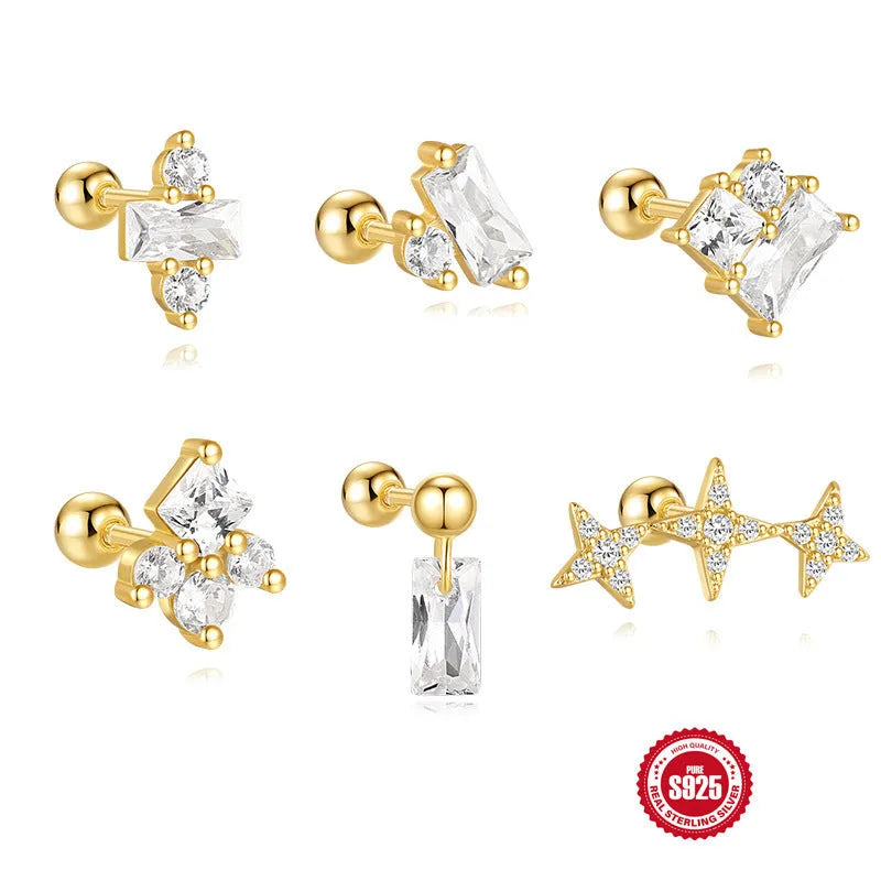 S925 sterling silver red square gravel stud earrings with gold electroplated flower design