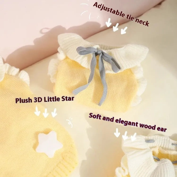 Yellow and patterned acrylic dog sweater shown in sizes for small puppies to 8kg dogs.
