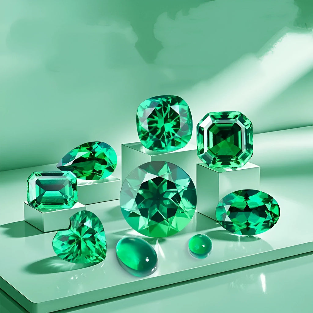 Synthetic emerald gemstone beads in Columbia green treasure colour showing round and rectangular cut options