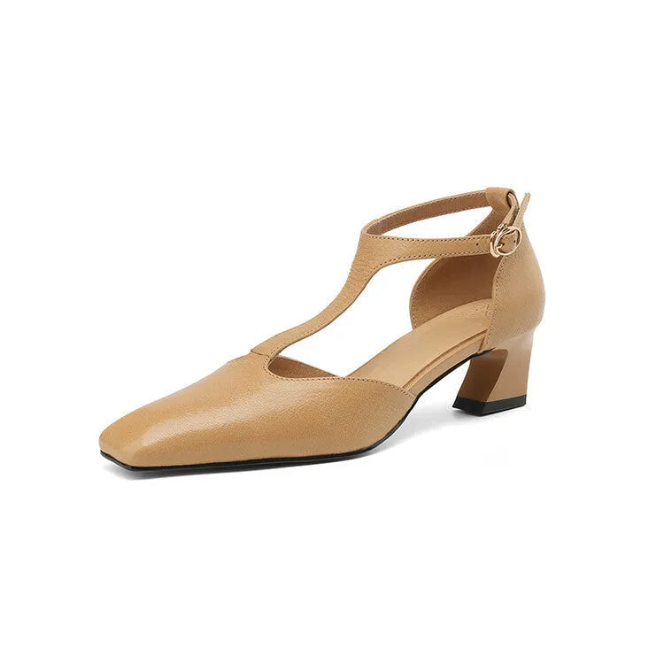 Women's wine red French retro square toe chunky heel shoes with ankle buckle fastening