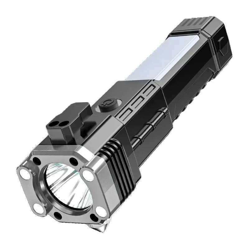 Silver portable LED flashlight with power bank functionality and IP44 rating