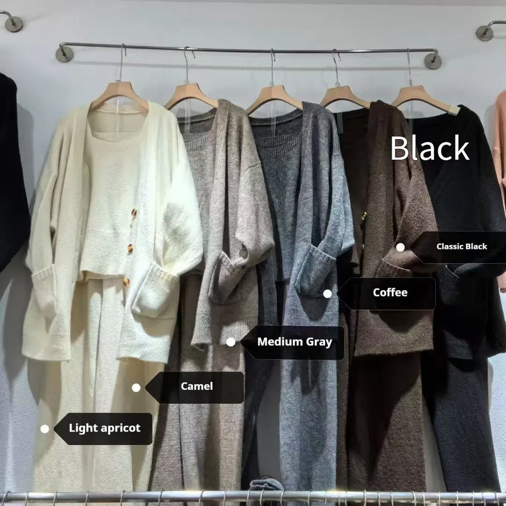 Women's loose fit knit cardigan, vest, and casual pants three-piece set in a solid colour.