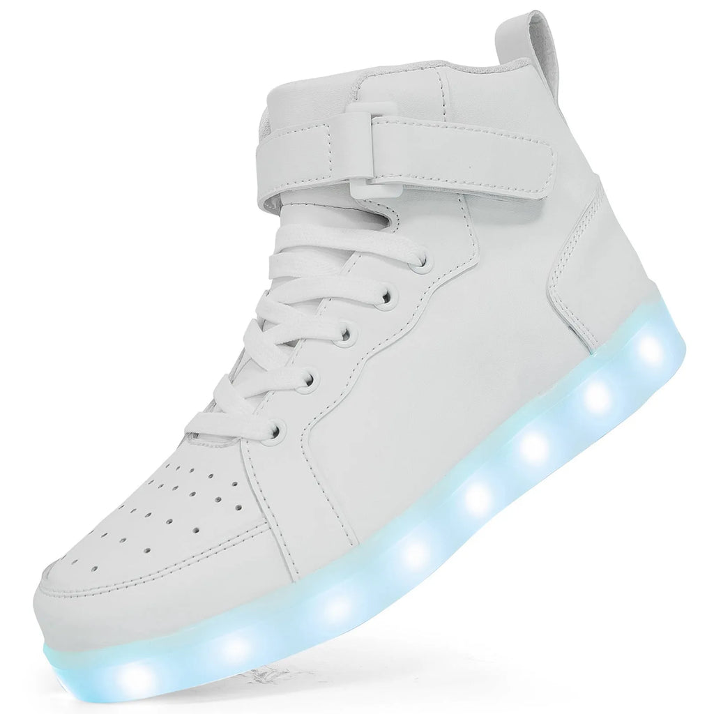Unisex black LED high-top trainers with Velcro strap and glowing lights on the sole.
