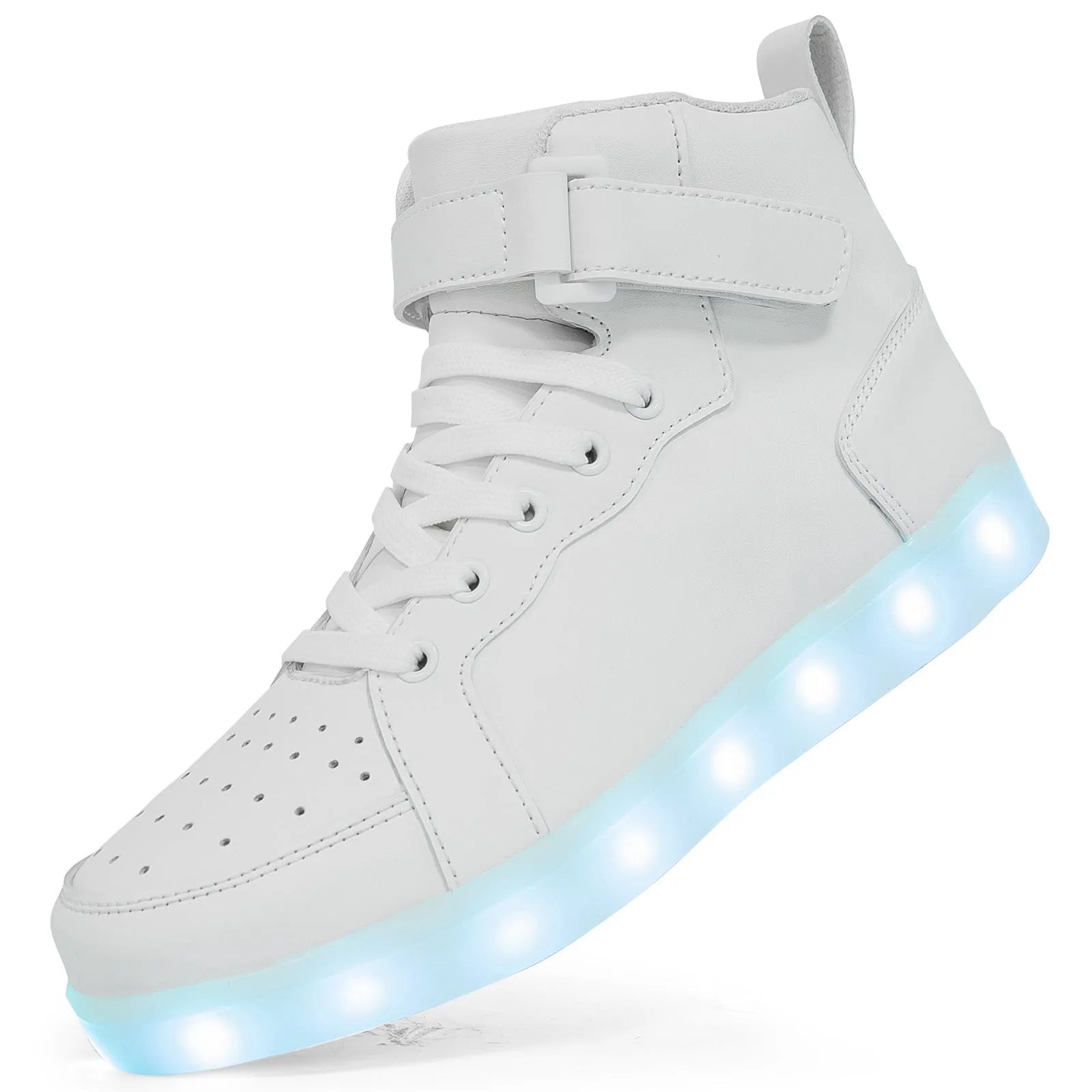 Unisex black LED high-top trainers with Velcro strap and glowing lights on the sole.