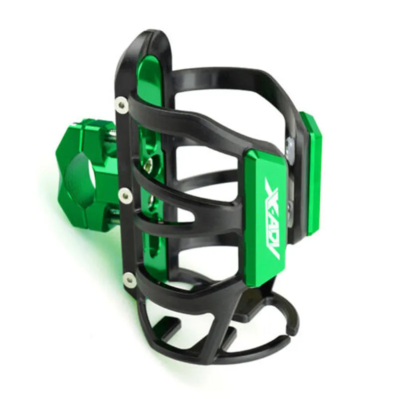 Metal alloy water bottle cage mounted to Honda X-ADV scooter pedal in black finish