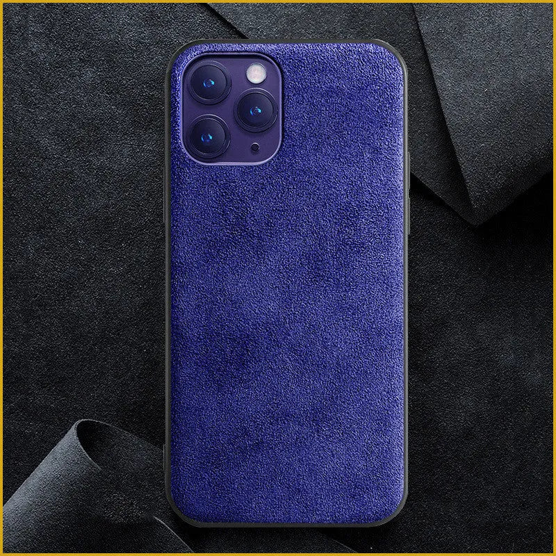 Suede back cover phone case for iPhone in elegant black, dark night green and dark blue.