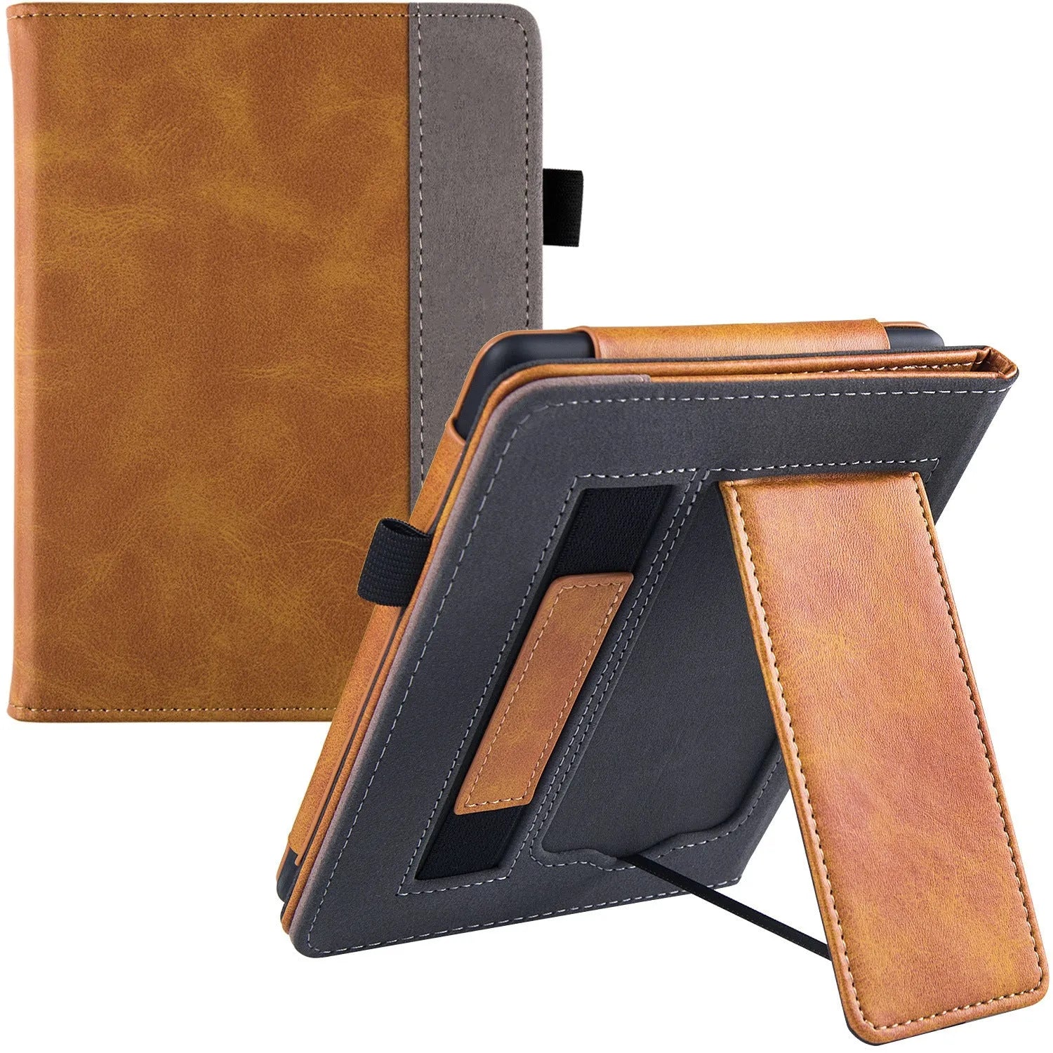 Kindle Paperwhite 11 leather case with wrist bracket showing calf leather exterior