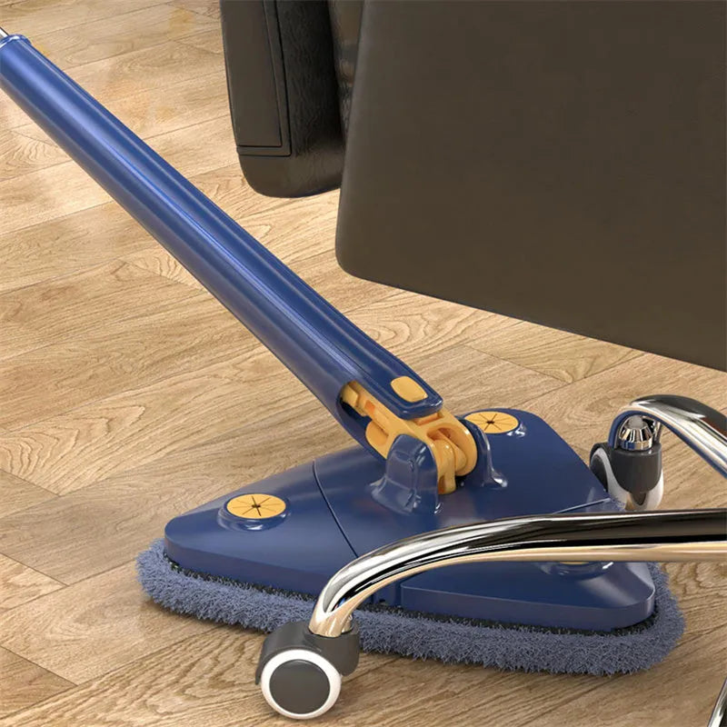 Blue extendable triangle cleaning mop with rotating head on a stainless steel pole for floors and walls.