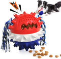 Blue and red ball-shaped dog chew toy with texture and a treat dispenser hole.