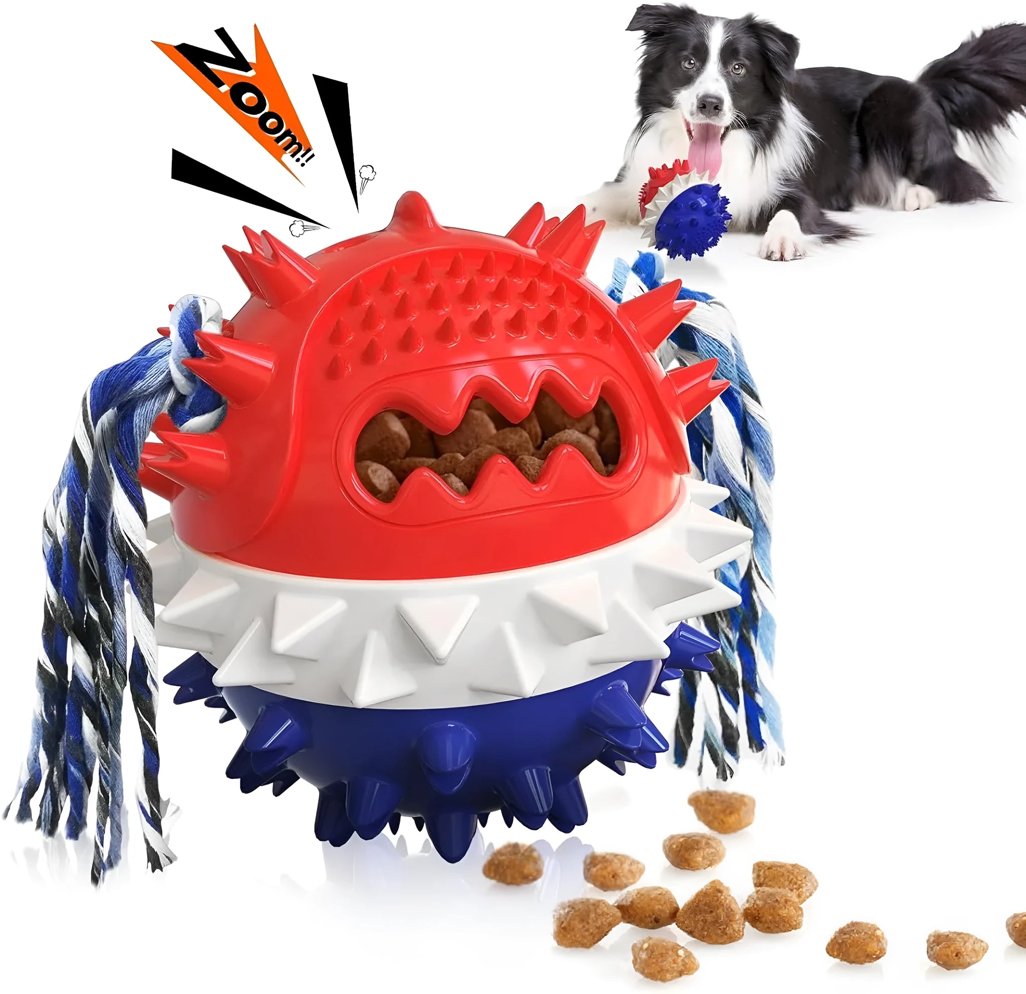 Blue and red ball-shaped dog chew toy with texture and a treat dispenser hole.
