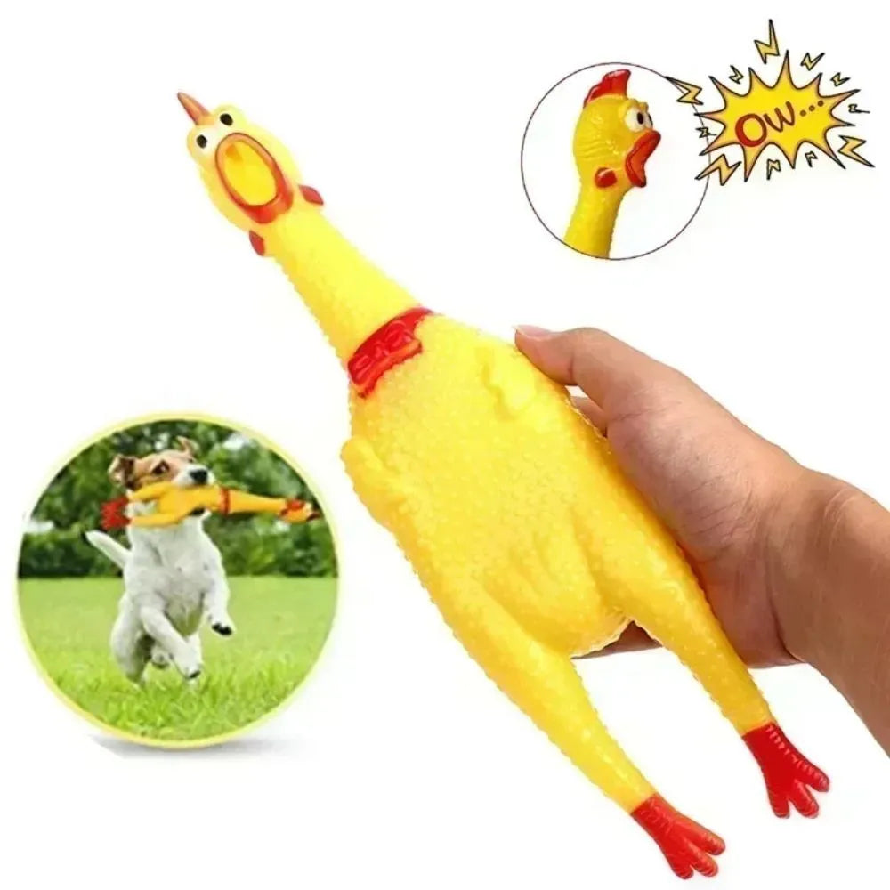 Yellow rubber screaming chicken dog chew toy showing three size options: small, medium, and large