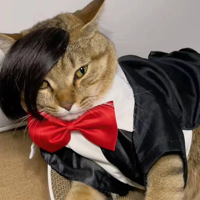 Black imitation braid cat wig for pet dress up and costume events.