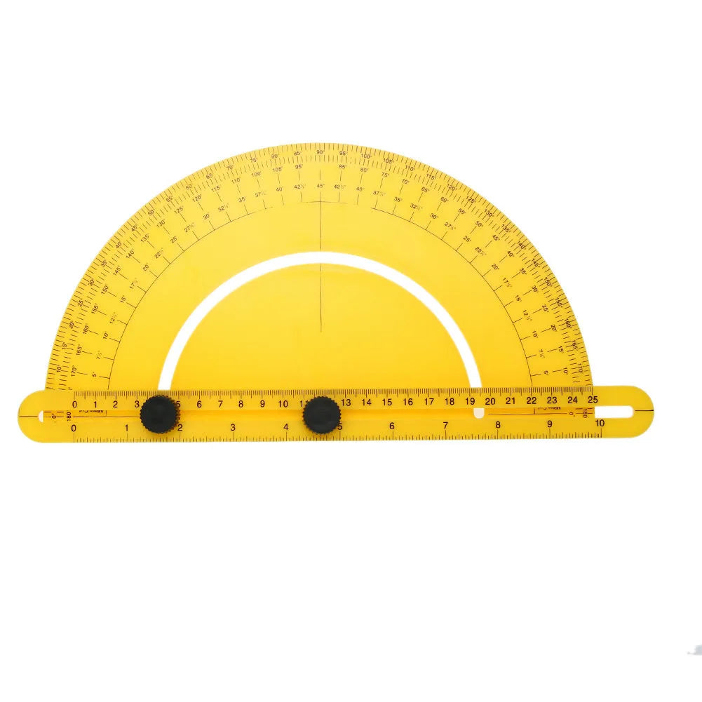 White ABS plastic carpentry ruler with 180 degree angle measuring arm and scale board.