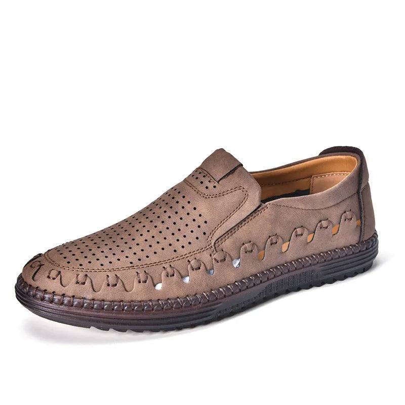 Men's brown slip-on casual shoes with round toe and low-top design