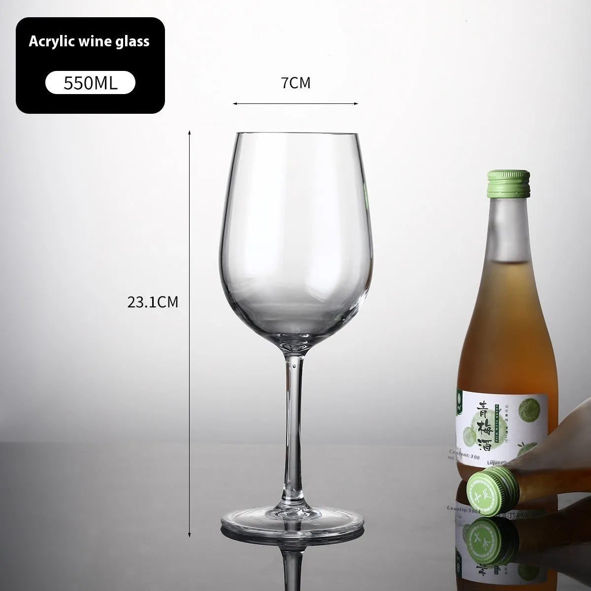 Clear acrylic wine glass with modern design showing 300ml and 550ml capacity options