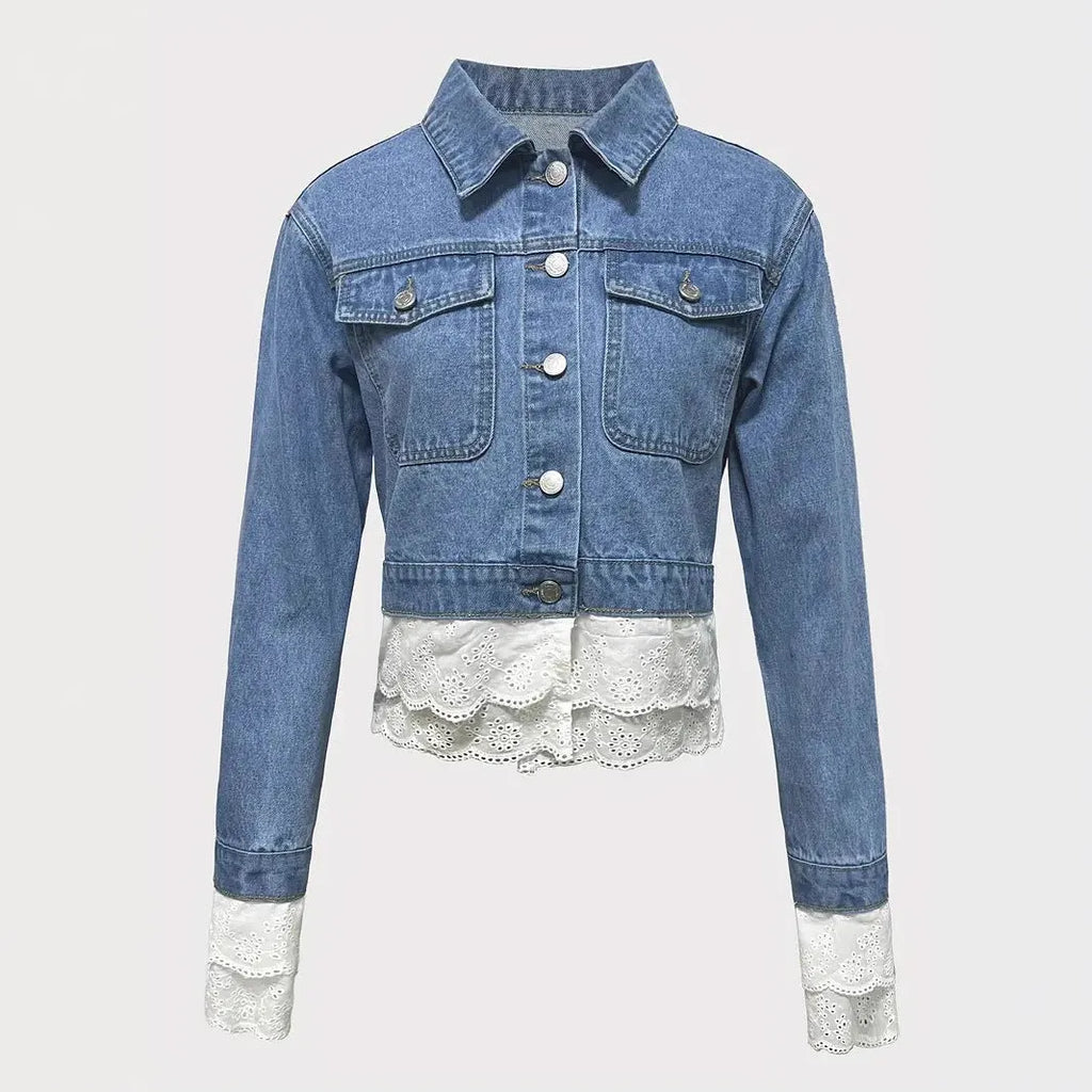 Blue women's denim jacket with lace stitching detail on the front.