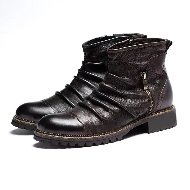 Men's black synthetic leather cowboy boots with a side zipper and a mid-height shaft on a white background.