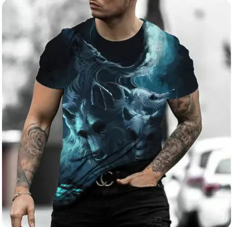 Man wearing a retro 3D animal print short-sleeved T-shirt made from lightweight polyester fabric.