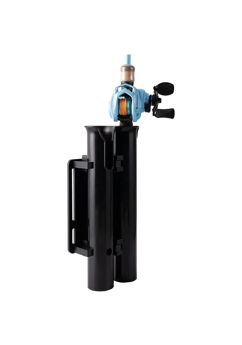 Plastic double-layer fishing rod rack clamped onto a bicycle frame tube