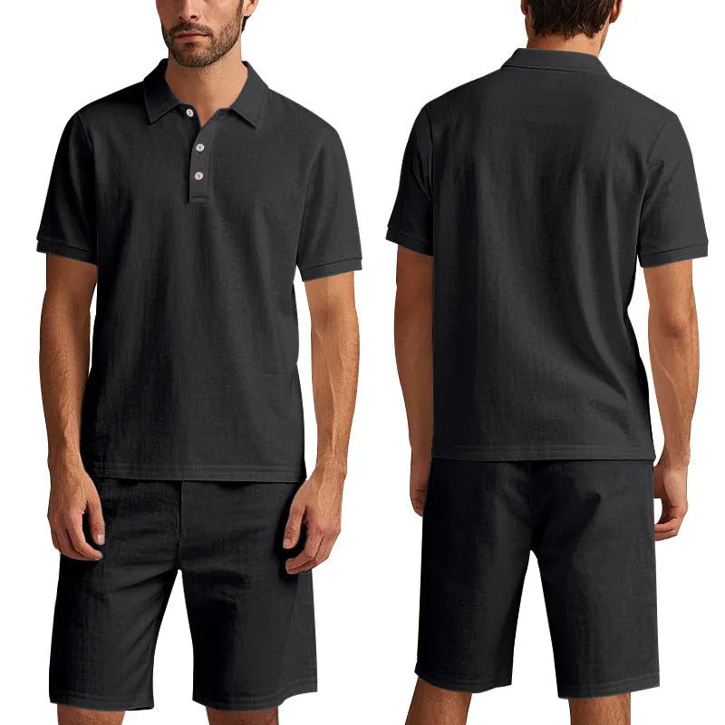 Men's light-coloured linen shorts suit with short sleeve top and matching shorts for summer casual wear