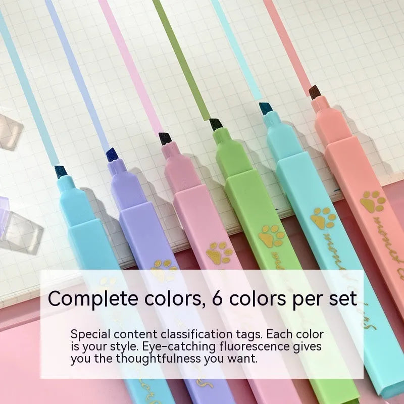 Cat's Paw set of six fluorescent marking pens with oblique heads in assorted colours