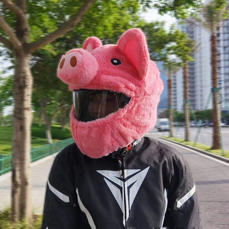 Pink Pig cartoon plush helmet protective hood cover for motorcycle helmets.