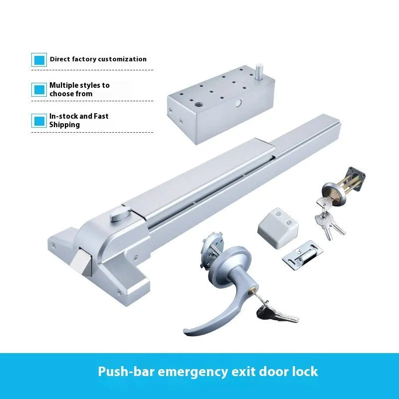 Stainless steel fire door push lock with minimalist external handle for single doors