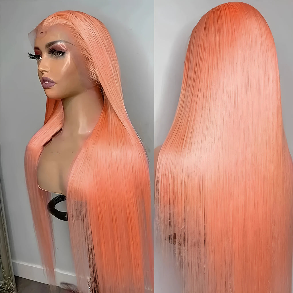 Light orange long straight front lace synthetic wig with side bangs on a wig stand
