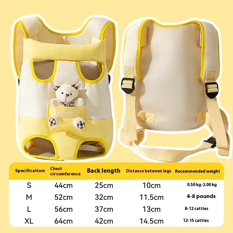Cartoon animal pet chest bag in soft canvas with ribbon trim, available in four sizes and colour patterns