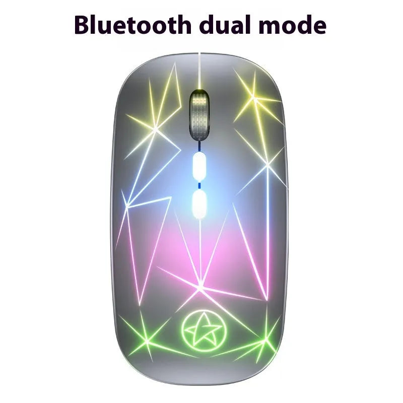 Wireless Bluetooth mouse with luminous charging in star black colour showing five buttons and metal roller wheel