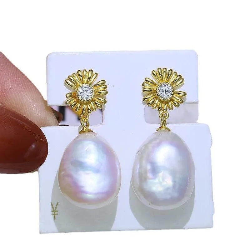 Baroque S925 sterling silver flower earrings with matching silver ring holder for jewellery storage