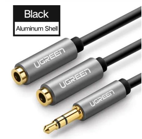 Close up of 3.5mm gold plated earphone cable with TPE coating and aluminum alloy shell in black