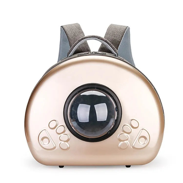 Transparent space capsule cat carrier bag in PC canvas, shown in Rose Gold, Luxury Silver, and Champagne Gold colour variants.