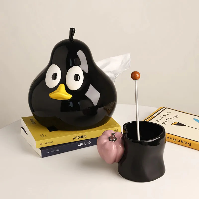 White porcelain ceramic pear-shaped tissue box with cute animal design in green or black colour