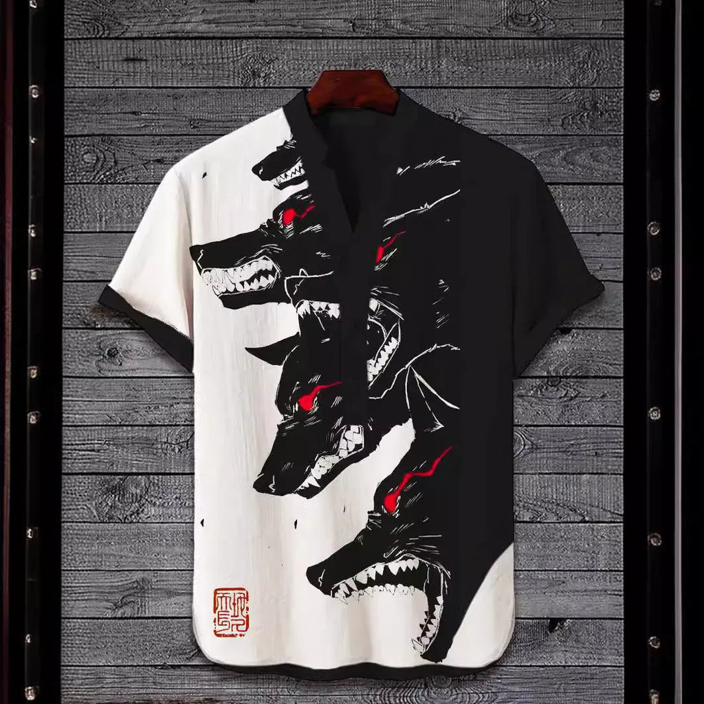 3D digital animal pattern short sleeve shirt on a hanger, showing the print detail.