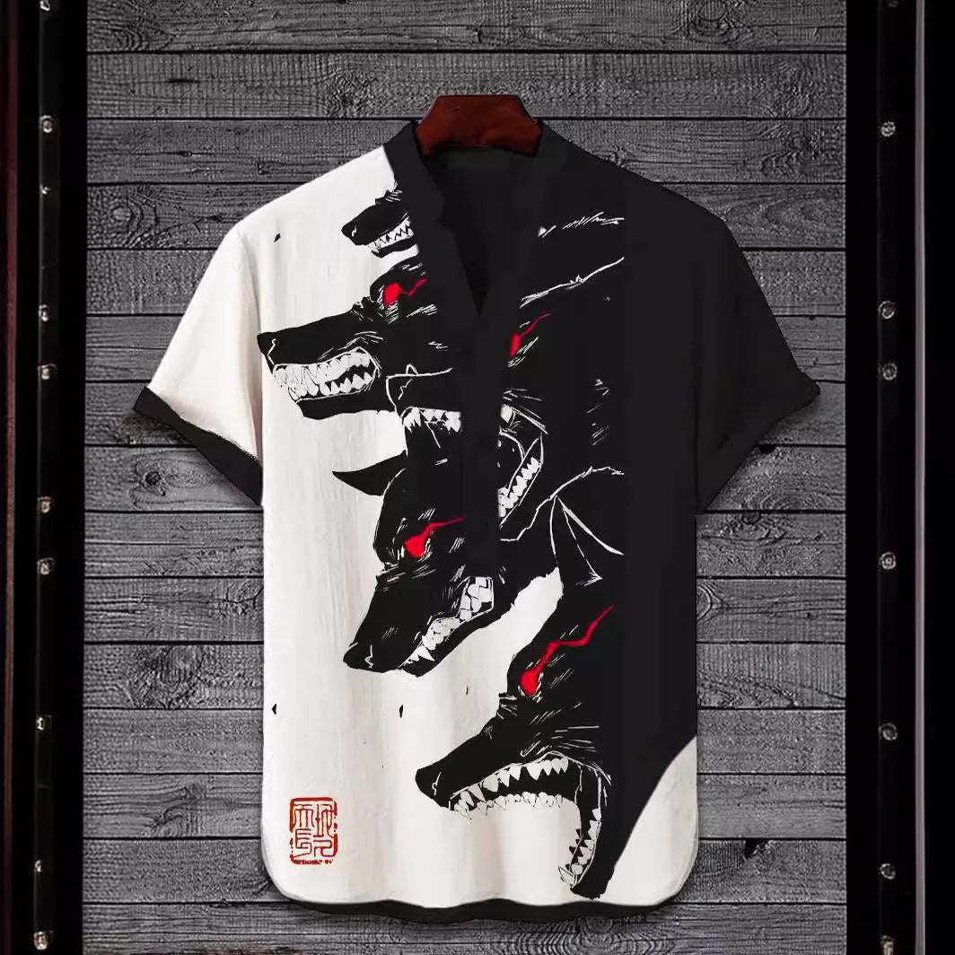3D digital animal pattern short sleeve shirt on a hanger, showing the print detail.
