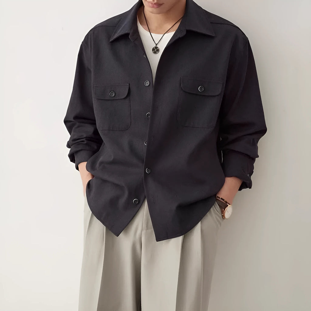 Men's formal shirt with cotton lapel collar in light sand rice colour showing simple profile design