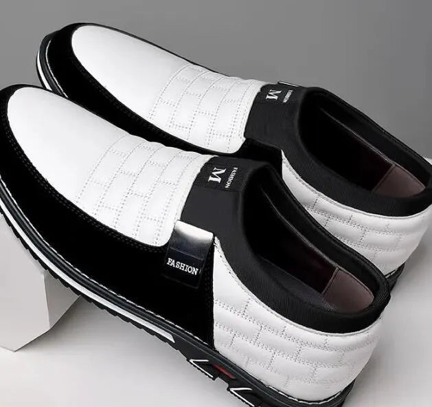 Men's leather casual shoes in black, blue, brown, and white colour options showing low-top design