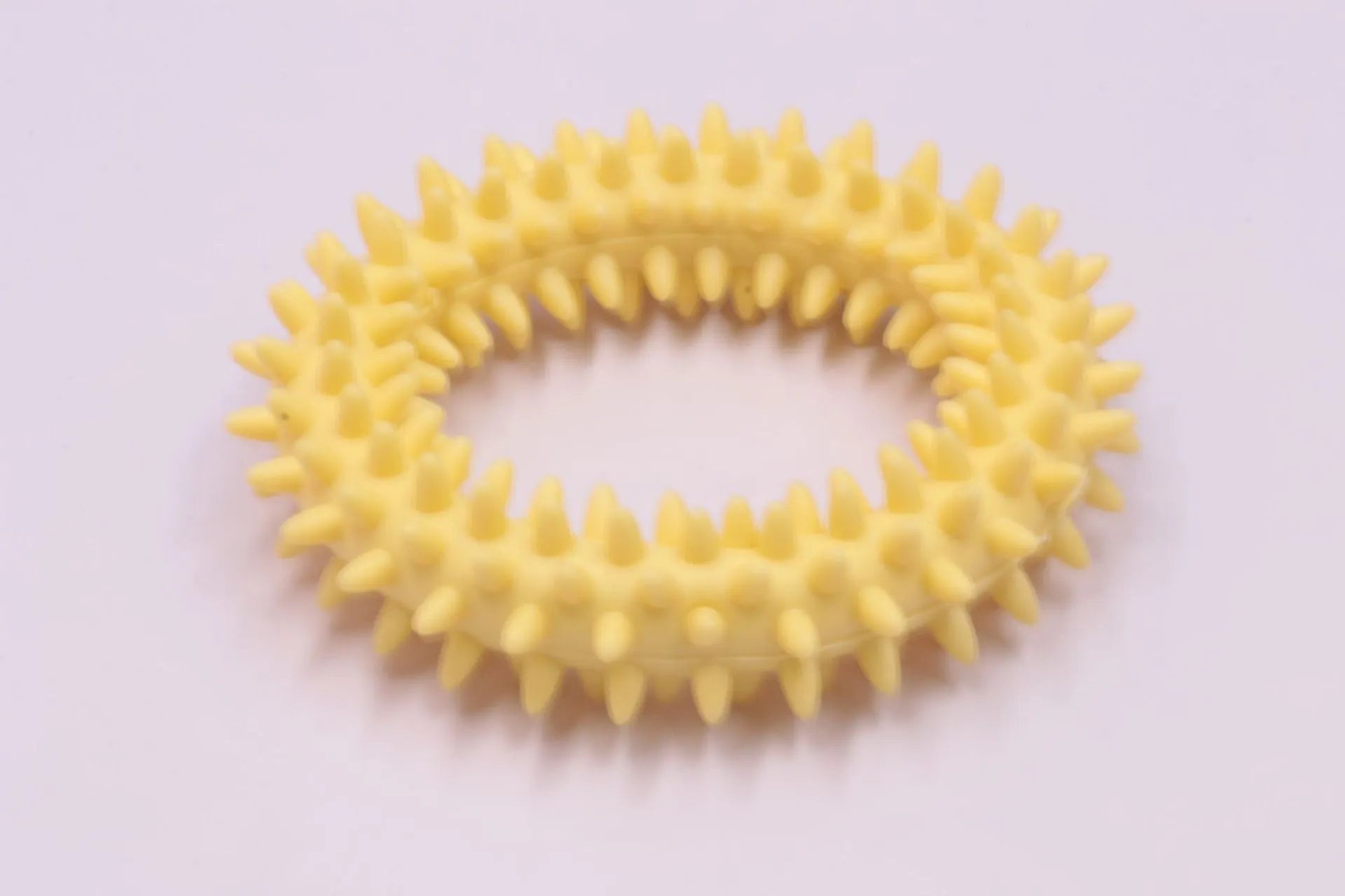 Blue TPR spiky ring dog chew toy with dental cleaning nubs on a white background